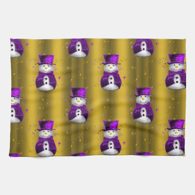 Purple Snowman on Gold Christmas Tea Towel (Horizontal)