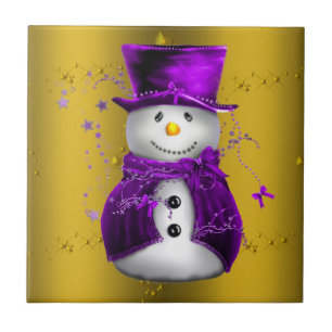 Purple Snowman on Gold Christmas Tile