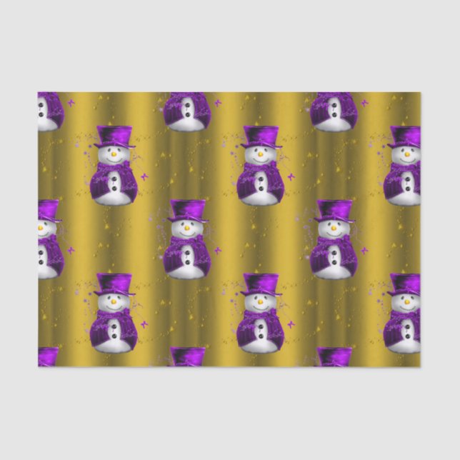 Purple Snowman on Gold Christmas Tissue Paper (Front)