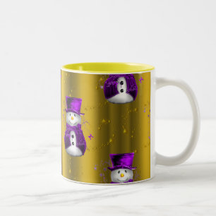 Purple Snowman on Gold Christmas Two-Tone Coffee Mug