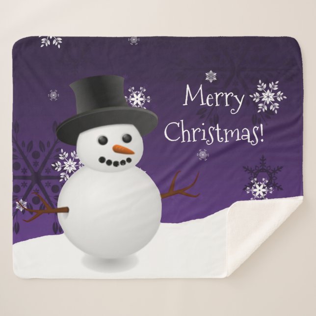 Purple Snowman Winter Christmas Sherpa Blanket (Front (Horizontal))