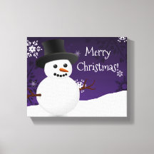 Purple Snowman Winter Scene Christmas Canvas Print