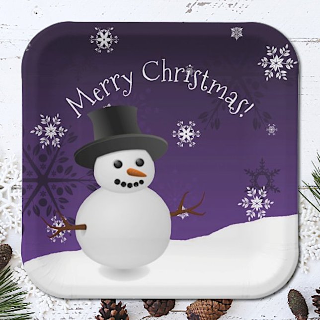 Purple Snowman Winter Scene Christmas Paper Plate (Purple Snowman Winter Scenery Christmas Paper Plates)
