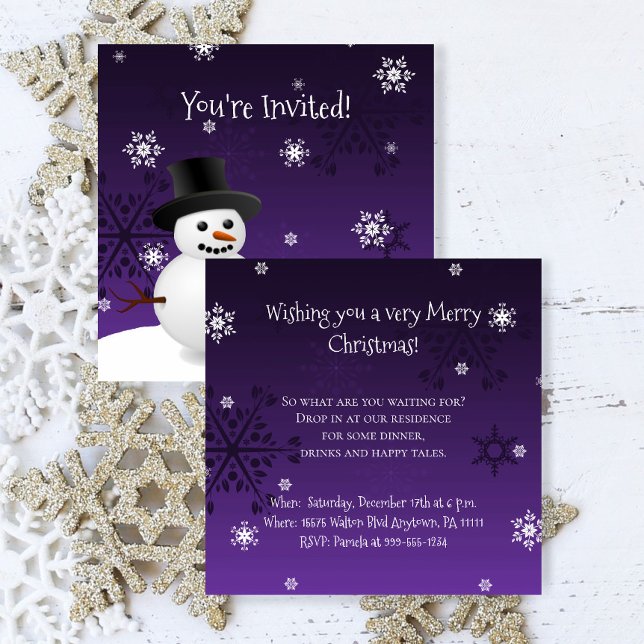 Purple Snowman Winter Scene Christmas Party Invitation (Purple Snowman Winter Scene Christmas Party Invitation)
