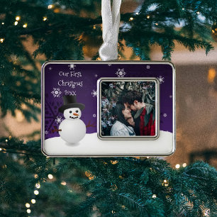 Purple Snowman Winter Scene Framed First Silver Plated Framed Ornament