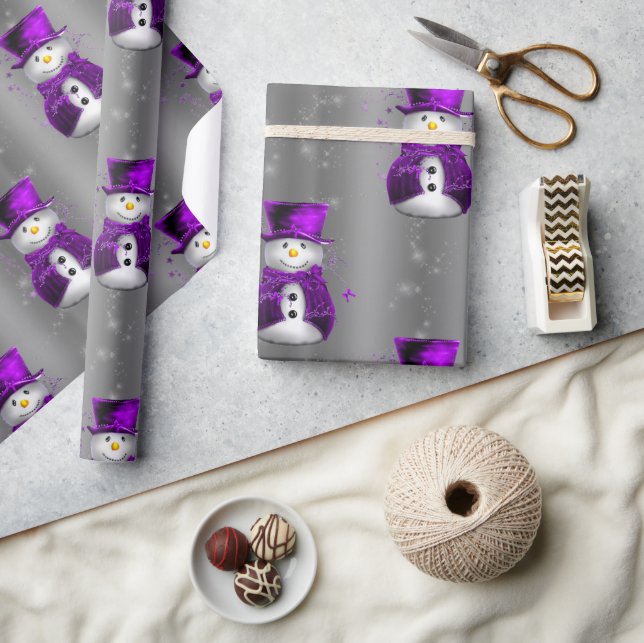 Purple Snowmen on Dark Silver Christmas Wrapping Paper (Crafts)