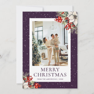 Purple Snowy Botanical Photo Christmas Card