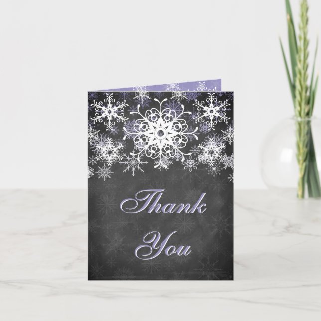 Purple Snowy Chalkboard Wedding Thank You Card (Front)