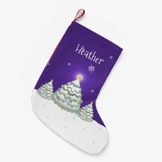 Purple Snowy Christmas Tree Christmas Stocking (Front (Hanging))