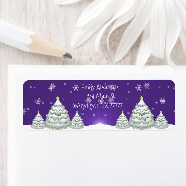 Purple Snowy Christmas Tree Return Address Label (Insitu)