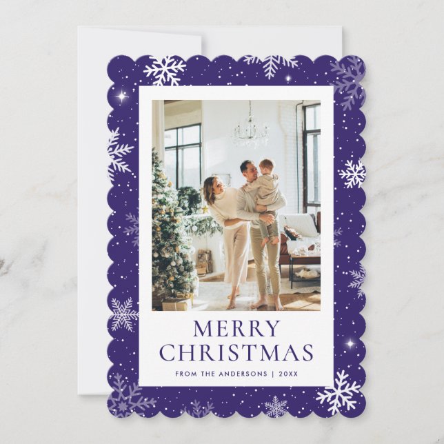 Purple Snowy Merry Christmas Snowflake Photo Holiday Card (Front)