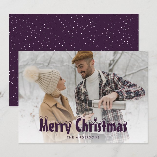 Purple Snowy Photo Merry Christmas Cards (Front/Back)