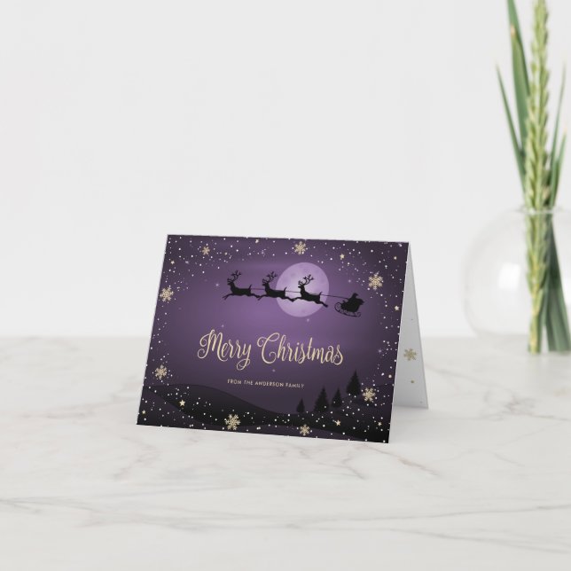 Purple Snowy Santa Snowflake Merry Christmas Card (Front)