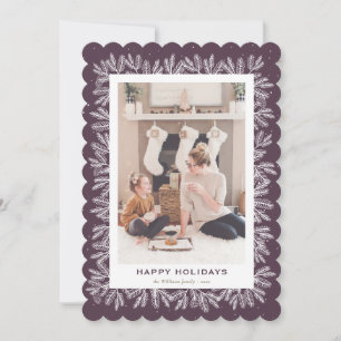 Purple Snowy Spruce Tree Cones Family Photo Holiday Card