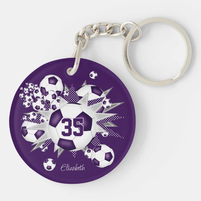 Purple soccer ball blowout girls jersey number key ring (Back)
