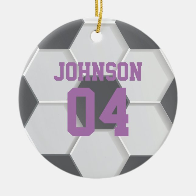 Purple Soccer Ball Christmas Ceramic Tree Decoration (Front)