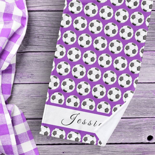 Purple Soccer Ball Pattern Girls Name Female Sport Hand Towel (Creator Uploaded)