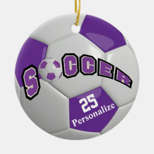 Purple Soccer Ball   Personalise Ceramic Tree Decoration