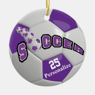 Purple Soccer Ball Personalise Ceramic Tree Decoration