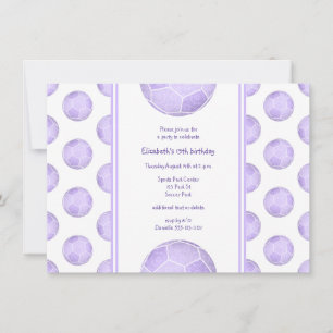 purple soccer balls pattern sports birthday party invitation