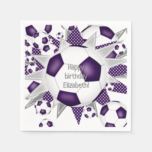 Purple soccer balls stars birthday or team party  napkin (Front)
