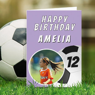 Purple Soccer Football Ball Photo Birthday Card