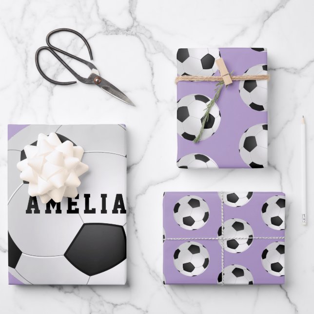 Purple Soccer Football Balls Kids Name Birthday  Wrapping Paper Sheet (Front)