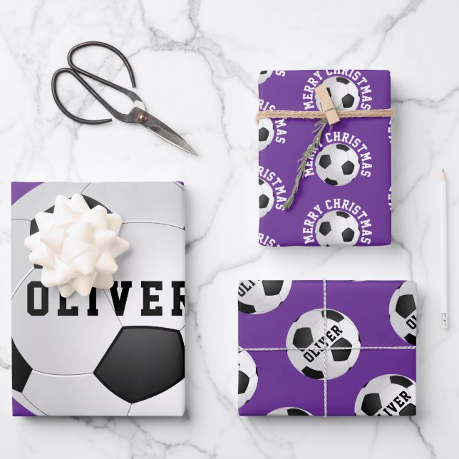 Purple Soccer Football Balls Kids Name Christmas Wrapping Paper Sheet (Front)