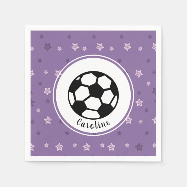 Purple Soccer Party Pink Star Sports Personalised Napkin (Front)