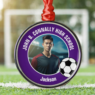 Purple Soccer Player Photo High School Christmas Metal Tree Decoration