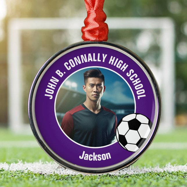 Purple Soccer Player Photo High School Christmas Metal Tree Decoration (Creator Uploaded)