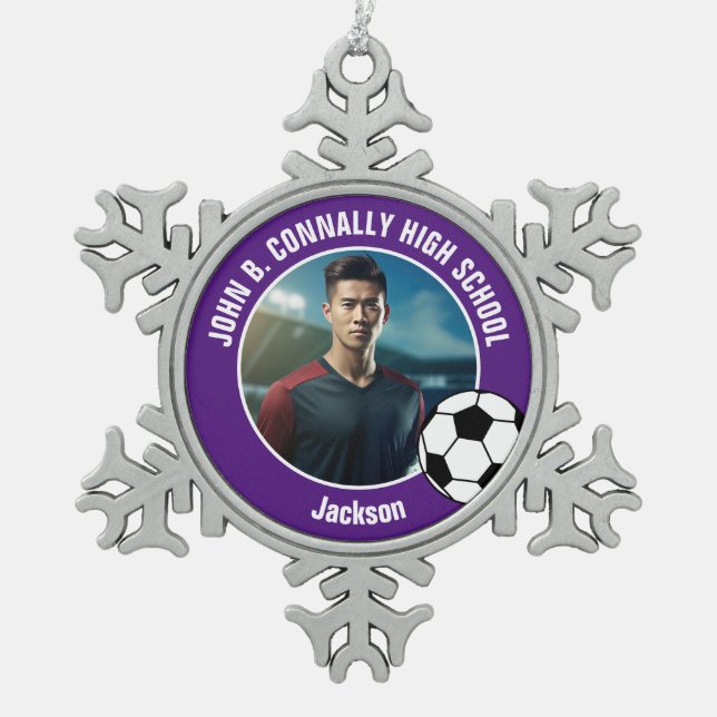 Purple Soccer Player Photo High School Spirit Snowflake Pewter Christmas Ornament (Front)