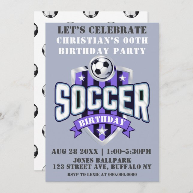 Purple Soccer Theme Birthday Party Invitations  (Front/Back)