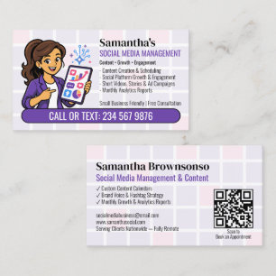 Purple Social Media Manager QR Cartoon Girl Business Card