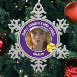 Purple Softball Player Photo High School Keepsake Snowflake Pewter Christmas Ornament<br><div class="desc">This cool customized high school softball player photo gift features white typography of your team and player name on a snowflake Christmas ornament with a ball on a purple background. Personalize with your student's photograph and class year as a proud sports parent.</div>