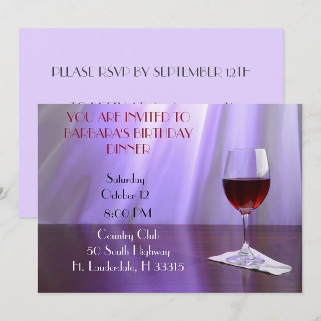 Purple Sophisticated Red wine birthday Invitation (Front/Back)