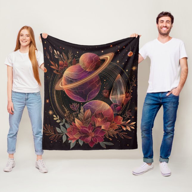Purple Space Fantasy Crystal Ring Planet Fleece Blanket (In Situ)