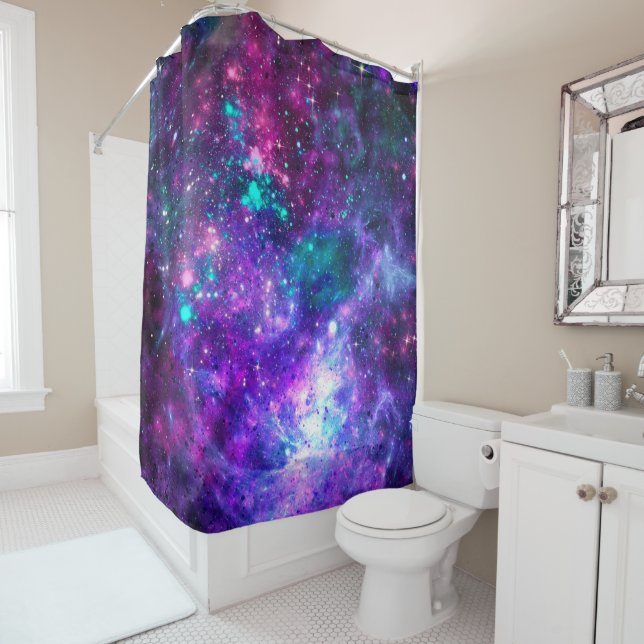 Purple Space Galaxy Cosmic Spacey Teal Pink Sky Shower Curtain (In Situ)