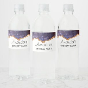 Purple Space & Stars with Gold Ribbon Birthday Water Bottle Label