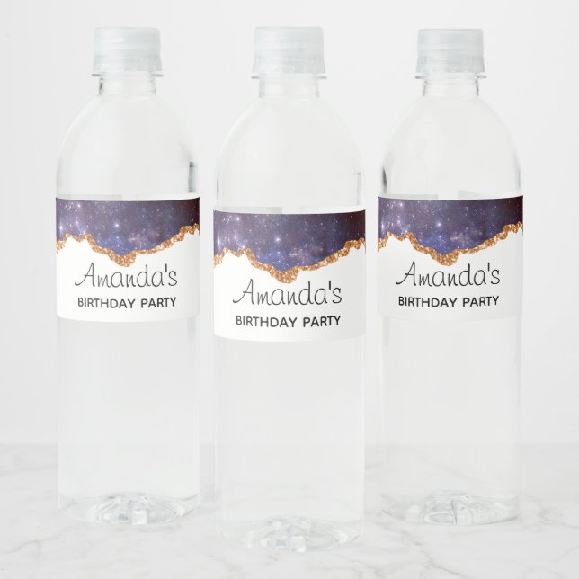 Purple Space & Stars with Gold Ribbon Birthday Water Bottle Label (Bottles)