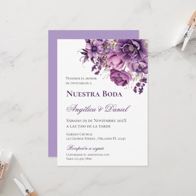 Purple Spanish Wedding  Invitation (Front/Back In Situ)