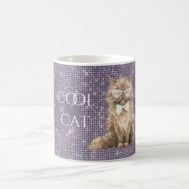 Purple Sparkle Brown Cool Cat Glasses   Coffee Mug (Center)