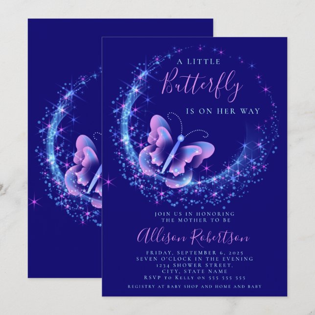 Purple Sparkle Butterfly Girl Baby Shower Invitation (Front/Back)