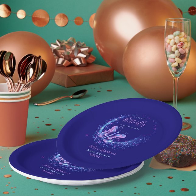Purple Sparkle Butterfly Girl Baby Shower Paper Plate (Multi)