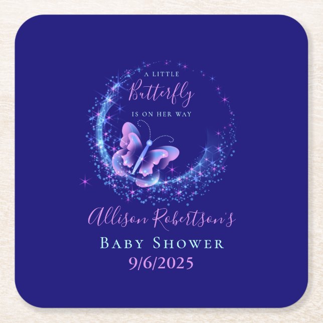 Purple Sparkle Butterfly Girl Baby Shower Square Paper Coaster (Front)