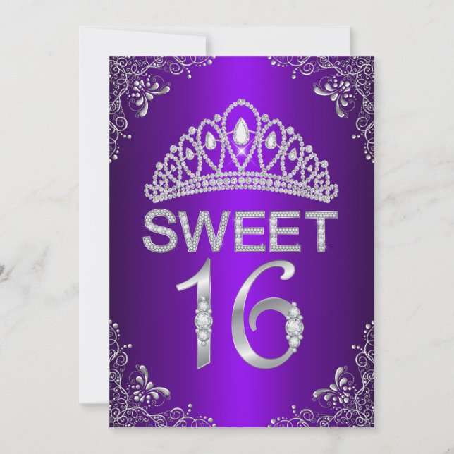 Purple Sparkle Diamond Tiara Sweet 16 Invitation (Front)