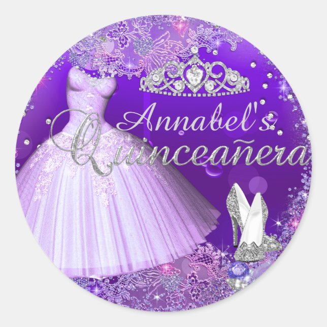 Purple Sparkle Dress & Tiara Quinceanera Sticker (Front)