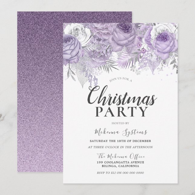 Purple Sparkle Flowers Corporate Christmas Party Invitation (Front/Back)