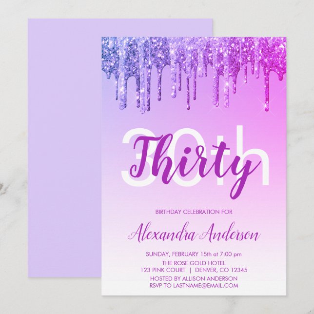 Purple Sparkle Glitter 30th Birthday Party Invitation (Front/Back)