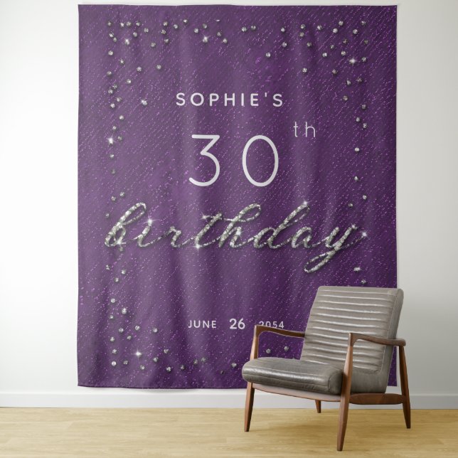 Purple Sparkle Glitter Birthday Party Backdrop Tapestry (In Situ)